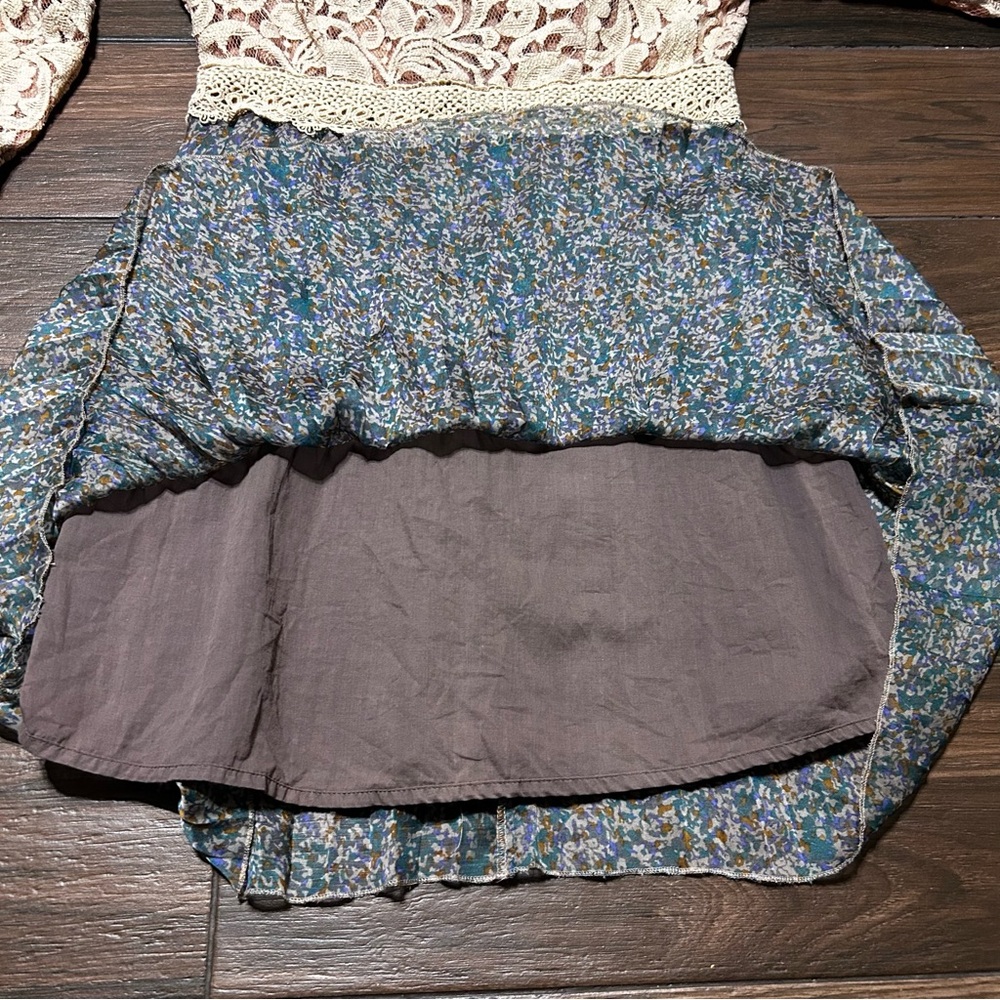 Flying Tomato Women’s Lace Dress 3/4 Sleeve Large Tan Cream Teal - Picture 9 of 10